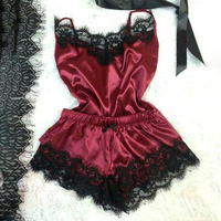  Women Sexy Lace Trim Satin Cami Top Pajama Sets  - Thumbnail 5