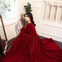 Fashion Burgundy Square Collar Long Sleeve Back Zipper Evening Dress Bride Wedding Prom Gowns  - Thumbnail 5