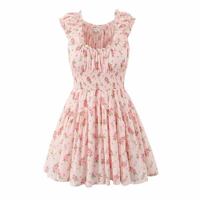 Retro style sexy u-neck waist ruffled floral dress - Thumbnail 2