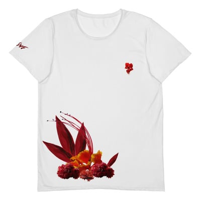 Red blossom print white men's t-shirt