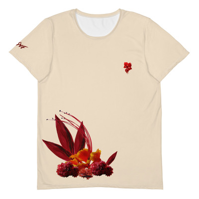 Red blossom print cream men's t-shirt