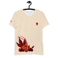 Red Blossom Print Cream Men's T-Shirt - Thumbnail 1