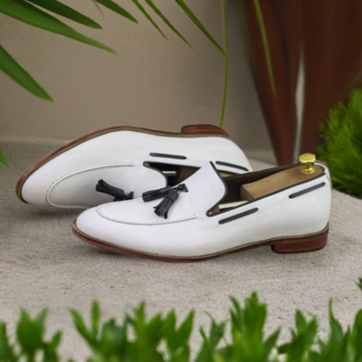 White leather tassel loafer slip on shoes for men's fashion shoes
