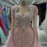 Customzied Long Sleeve Glitter Eveing Gown  Full Crystals Sequins Stones Skirt Gown Detachable TailParty Dress - Thumbnail 1