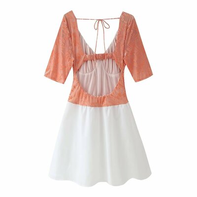 Temperamental and fashionable burnt flower splicing backless dress