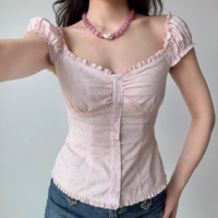 Printed striped puff sleeve top for women with ruffled hem short sleeve shirt - Thumbnail 1