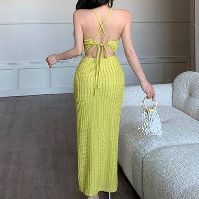 New women's casual solid color halter neck waist hip dress