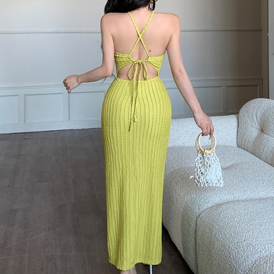 New women's casual solid color halter neck waist hip dress