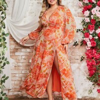 Plus size women's floral chiffon dress elegant holiday style long dress - Thumbnail 2