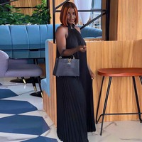 Summer Black Halter Neck Sexy Pleated Dress - Thumbnail 1