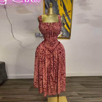 New print lace-up high waist a-line dress