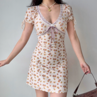 Lace-Pattern Lace-Up Printed Short-Sleeved Dress - Thumbnail 1