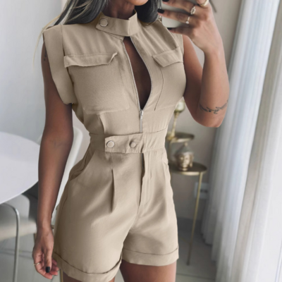 Solid color zipper pocket design jumpsuit
