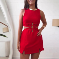 Sexy Solid Color Sleeveless Red Dress - Thumbnail 1