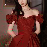 Burgundy satin long prom dress A line evening dress,1914 - Thumbnail 1