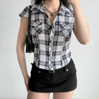 Retro lapel straight shoulder short sleeve plaid shirt - Thumbnail 3