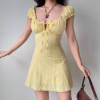 Retro Puff Sleeve Lace-Up Embroidered A-Line Dress - Thumbnail 3