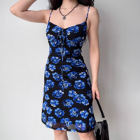 Retro blue printed suspender dress mid-length lace-up dress - Thumbnail 3