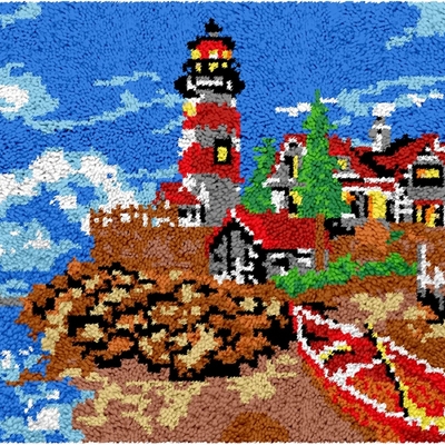 Rug making latch hooking kit (60x40cm printed canvas) | lighthouse scenery