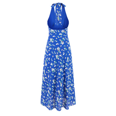 Deep v-neck halter dress with lace-up retro floral slim backless suspender dress