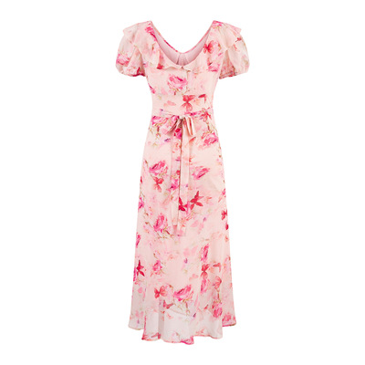 V-neck floral halter-back dress with lace-up front