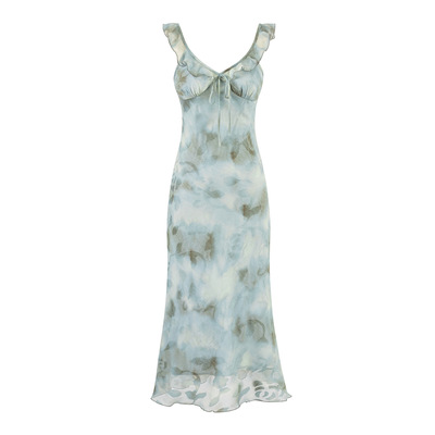 Romantic slim fit printed suspender long dress - Thumbnail 1