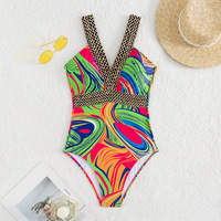 Sexy Print Strapped Swimwear Women  One Piece Swimsuit Backless Hollow Summer Bathing Suit - Thumbnail 5