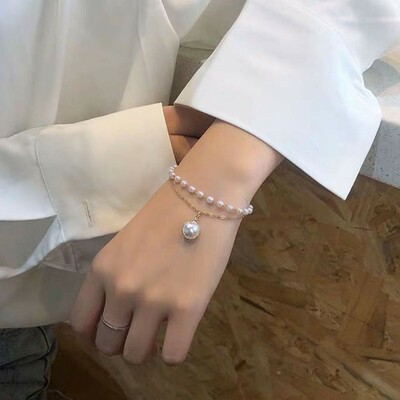 Cute fashion doulbe layer chain pearl bracelet - Thumbnail 3
