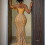 Gold Mermaid Prom Dresses Beaded Crystals Luxurious Evening Formal Party Second Reception Birthday Engagement Gowns Dress-1