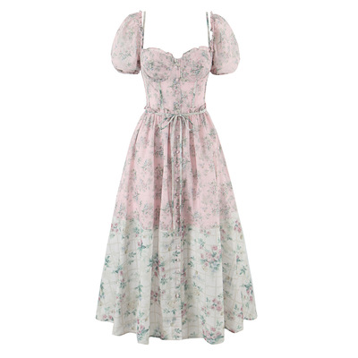 Square neck pink floral chiffon short sleeve midi dress maxi dress
