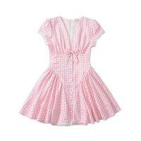 Pink Plaid Bow Lace Dress - Thumbnail 2
