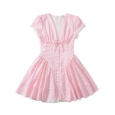 Pink plaid bow lace dress