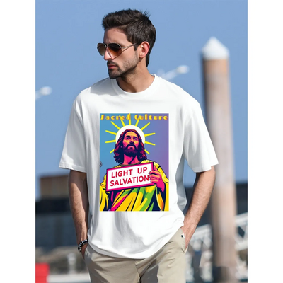 Light up salvation white short sleeve jesus pop art t-shirt 