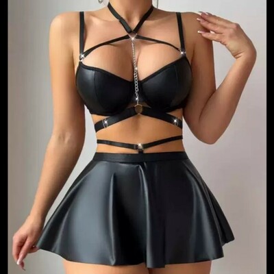 Lingerie leather underwear halter bra and skirt set sexy outfit 