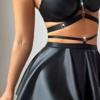 Lingerie Leather Underwear Halter Bra And Skirt Set Sexy Outfit  - Thumbnail 4