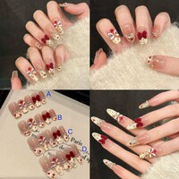 New Year Heart Cat Eye Fake Nails Red Bow Pearl Nail Art - Thumbnail 4
