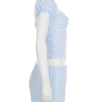 One-shoulder lace wave collar striped top low waist straight shorts sweet girl casual suit - Thumbnail 4