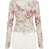 V-neck tie cardigan see-through mesh retro floral blouse - Thumbnail 2