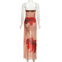 Plant print slim fit sleeveless backless slim color matching lace suspender long dress - Thumbnail 4