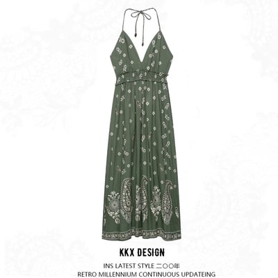 Elegant embroidered midi halter neck dress
