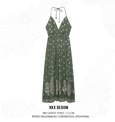 Elegant Embroidered Midi Halter Neck Dress