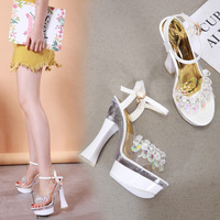 Women's Summer Waterproof Platform Glass Diamond Slope Heel Slippers - Thumbnail 1