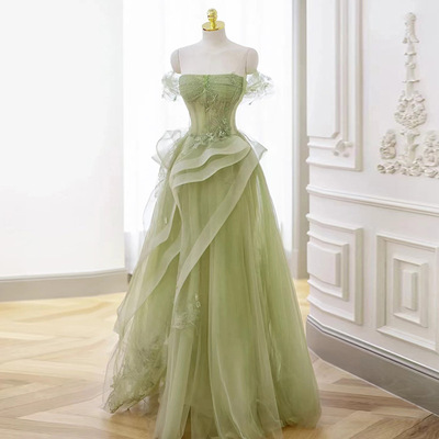 Green strapless dress evening gown 2025 summer new style host graduation host gown