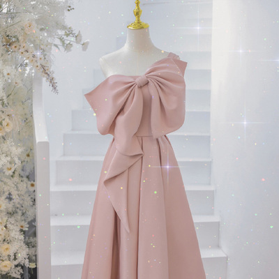  new single shoulder wedding toast dress, engagement bow style, student graduation host evening dress