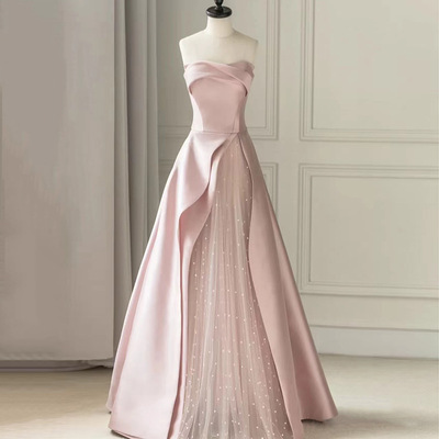 Pink strapless evening gown, socialite banquet toasting gown, adult party host's high-end engagement dress