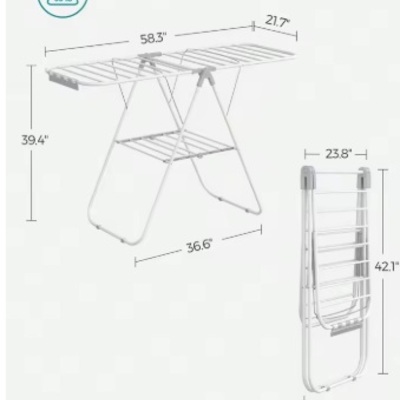 Songmics foldable clothes drying rack – heavy-duty laundry airer with adjustable wings, 33 rods, 27 clips, and rust-resistant steel frame