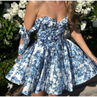 Vintage Blue Floral Lace-Up A-Line Dress - Thumbnail 2