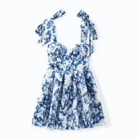 Vintage Blue Floral Lace-Up A-Line Dress - Thumbnail 9