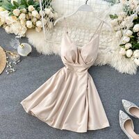 Women V-neck backless solid color suspender dress - Thumbnail 4