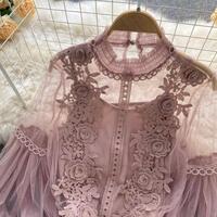 Korean Style Summer Elegant Lace Blouses Casual Long Sleeve Tops - Thumbnail 4